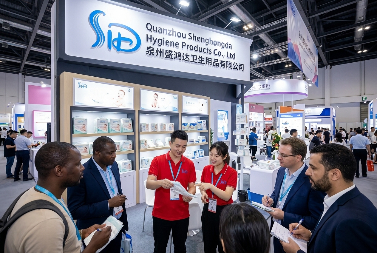 Fujian Hygiene Expo booth showcasing new 3D core diaper line