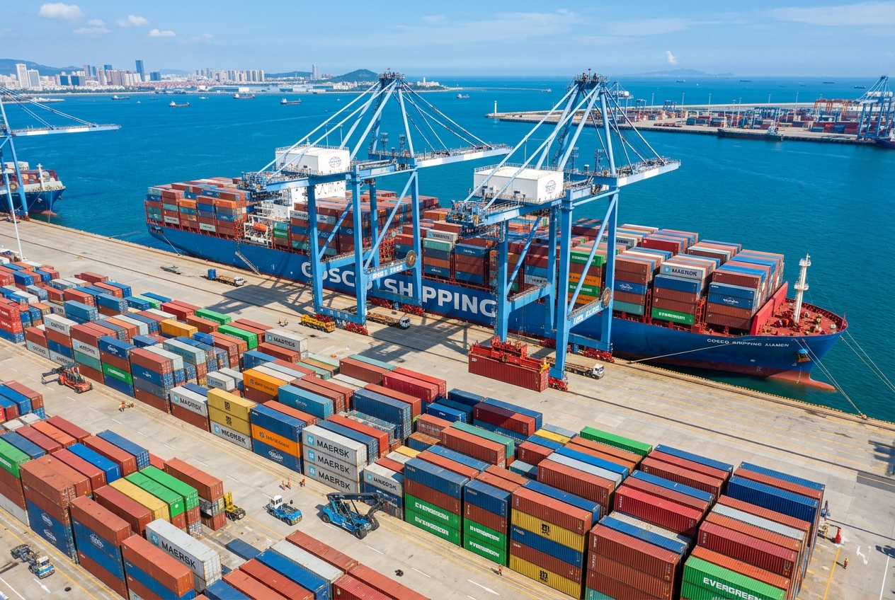 Container shipping ship loaded at Xiamen Port